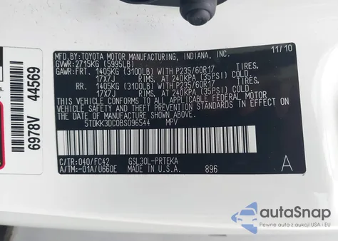 2011 Toyota Sienna Le V6 z USA, uszkodzony, nr VIN 5TDKK3DC0BS096544